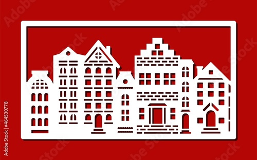 Carved picture with buildings in rectangular frame. European street  white facades of houses  cottages on red background. Floors  roofs  windows  doors. Vector template for plotter laser cutting  cnc.