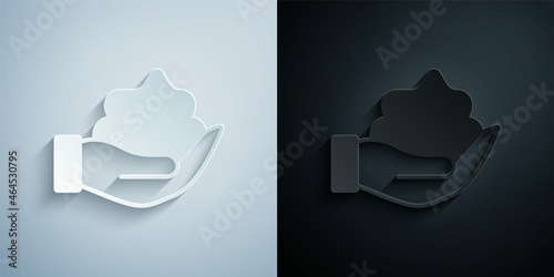 Paper cut Shaving gel foam on hand icon isolated on grey and black background. Shaving cream. Paper art style. Vector