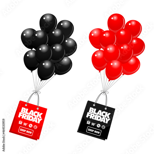 Black friday sale template with shiny balloons and shopping bag on transparent background. Vector illustration.