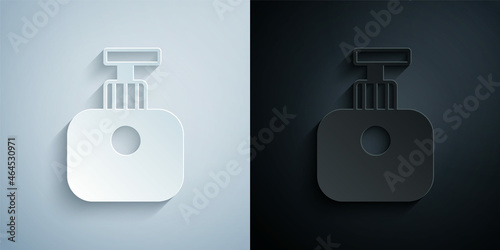 Paper cut Tube of hand cream icon isolated on grey and black background. Paper art style. Vector