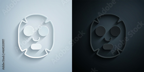 Paper cut Facial cosmetic mask icon isolated on grey and black background. Cosmetology, medicine and health care. Paper art style. Vector
