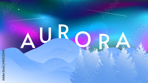 Aurora landscape with snowing forest and mountains. Vector illustration. Flat cartoon concept. Abstract gradient landscape. Flat illustration on light backdrop. Adventure concept.