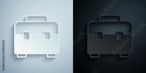 Paper cut Toolbox icon isolated on grey and black background. Tool box sign. Paper art style. Vector