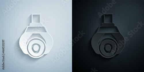 Paper cut Grapple crane grabbed a log icon isolated on grey and black background. Forest industry. Industrial crane for lumber trunk wood production. Paper art style. Vector