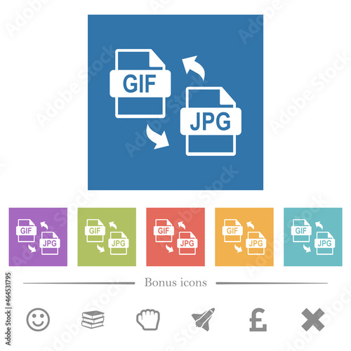 GIF JPG file conversion flat white icons in square backgrounds