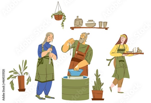 Illustration of people making pottery surrounded by flowers and a potter's wheel. Pottery master class. Ceramic kitchenware