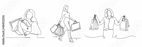 Vector continuous one single line drawing of set vector of beautiful woman with bags at the shopping black friday concept. in silhouette on a white background. Linear stylized.
