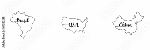Vector continuous one single line drawing of set vector of China Brazil USA map in silhouette on a white background. Linear stylized.