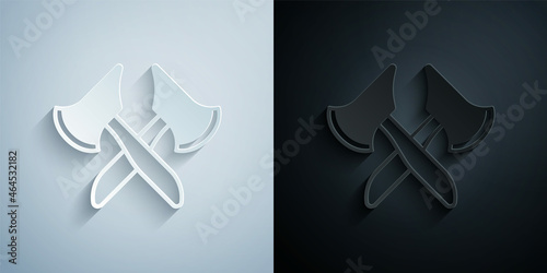 Paper cut Wooden axe icon isolated on grey and black background. Lumberjack axe. Paper art style. Vector