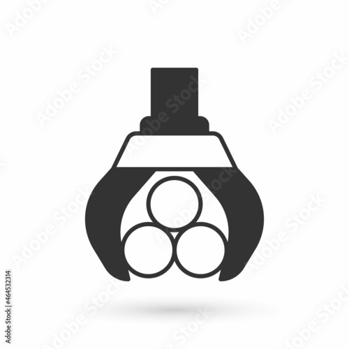 Grey Grapple crane grabbed a log icon isolated on white background. Forest industry. Industrial crane for lumber trunk wood production. Vector
