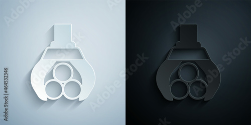 Paper cut Grapple crane grabbed a log icon isolated on grey and black background. Forest industry. Industrial crane for lumber trunk wood production. Paper art style. Vector