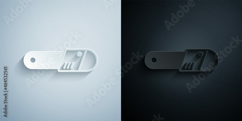 Paper cut Chainsaw icon isolated on grey and black background. Paper art style. Vector