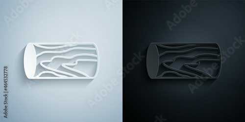 Paper cut Wooden log icon isolated on grey and black background. Stack of firewood. Paper art style. Vector