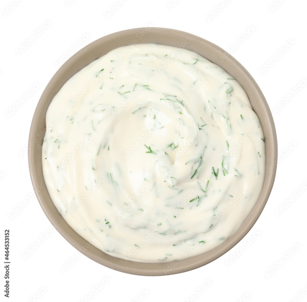 Tasty creamy dill sauce in bowl isolated on white, top view Tasty creamy dill sauce in bowl isolated on white, top view