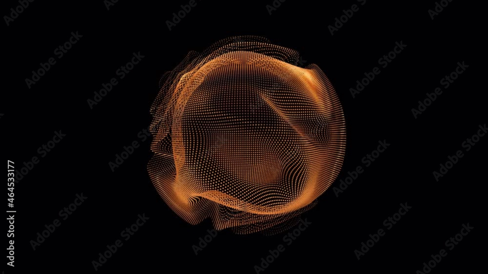 Looped distortion waves on abstract golden sphere of particles. Digital data splash of spherical point array. Futuristic glitch UI element