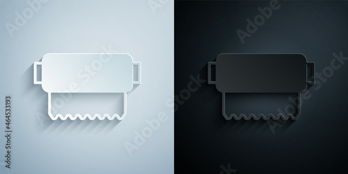 Paper cut Textile fabric roll icon isolated on grey and black background. Roll, mat, rug, cloth, carpet or paper roll icon. Paper art style. Vector