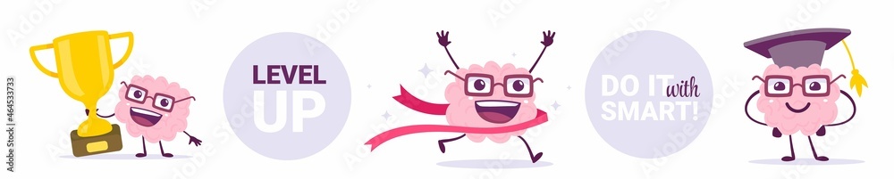 Fototapeta premium Vector set of creative illustration of happy brain character in