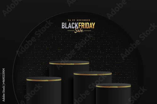 Abstract realistic 3D black cylinder stand podium set with golden glitter in semi circle window. Luxury black friday sale scene for product display presentation. Vector geometric rendering platform.