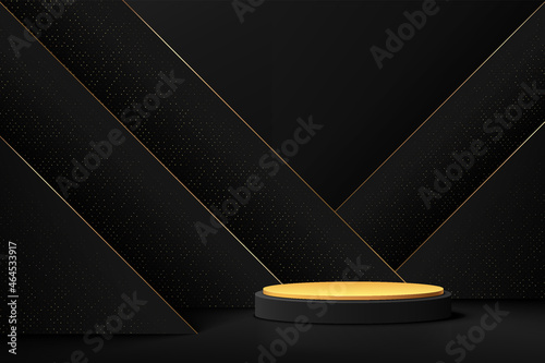 Abstract realistic 3D black and gold cylinder pedestal podium with triangle backdrop and golden glitter. Luxury scene for product display presentation. Vector geometric rendering platform.
