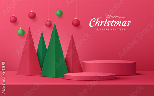 Abstract realistic 3D red cylinder pedestal podium set with modern green christmas tree and ball. Merry christmas and happy new year scene for product display presentation. Vector rendering platform.