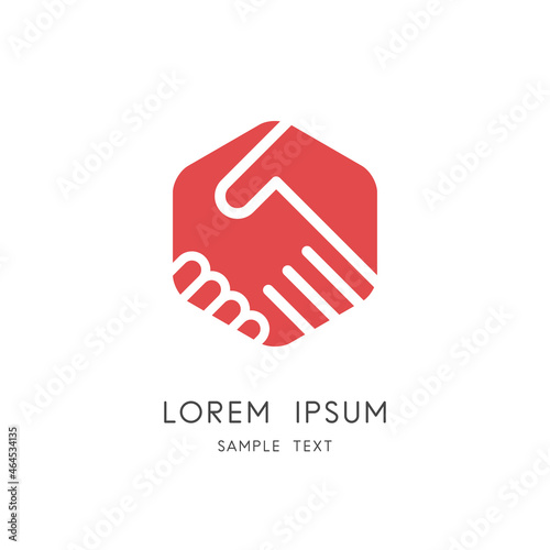 Handshake business logo - hands make a deal or agreement on red hexagon symbol. Partnership and cooperation, collaboration and teamwork vector icon.
