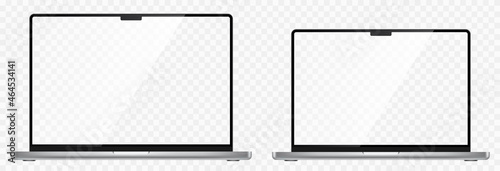 Realistic laptop set. Laptop computer or notebook computer 14 and 16 inches screen. 3D laptops mockup. Blank screen isolated on transparent background - stock vector.