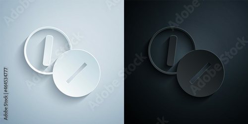 Paper cut Toothache painkiller tablet icon isolated on grey and black background. Tooth care medicine. Capsule pill and drug. Pharmacy design. Paper art style. Vector