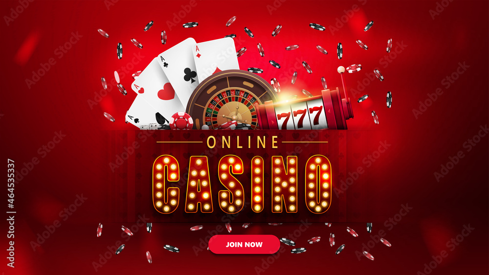 Online casino, banner with button, slot machine, Casino Roulette, falling  poker chips and playing cards. Stock Vector | Adobe Stock