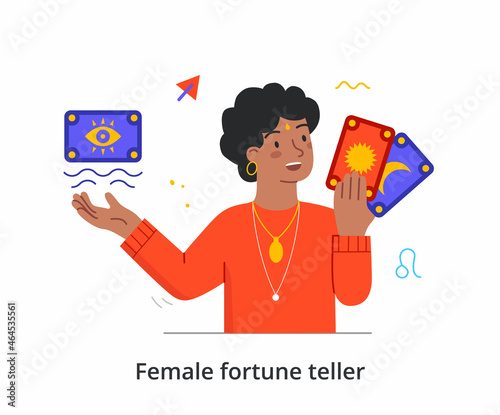 Female fortune teller concept. Woman holds tarot cards in her hands and predicts future. Witch reads fate by magic symbols and signs. Cartoon flat vector illustration isolated on white background