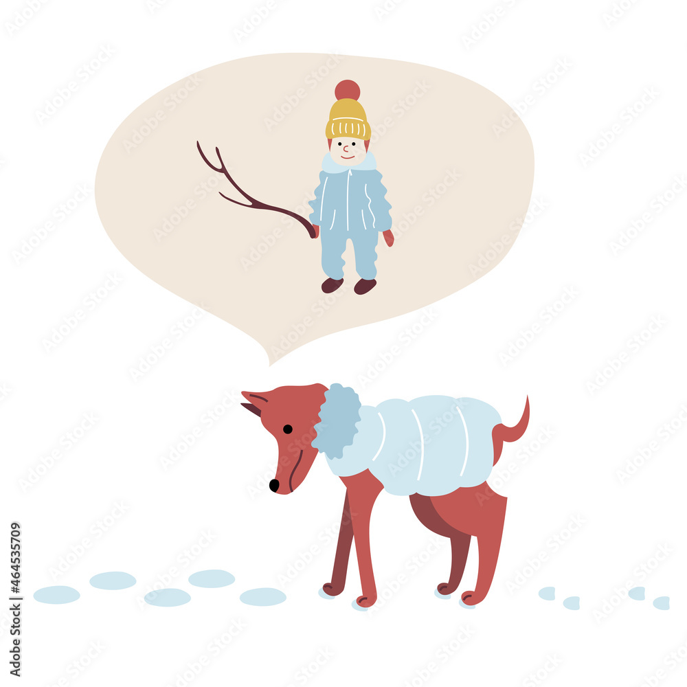 Naklejka premium A child on a winter walk plays with a dog. The puppy is looking for a baby in warm winter clothes following the tracks in the snow. Vector illustration in flat style isolated on white background.
