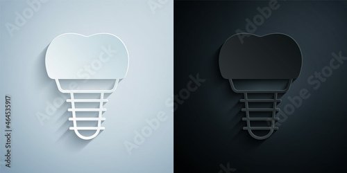 Paper cut Dental implant icon isolated on grey and black background. Paper art style. Vector