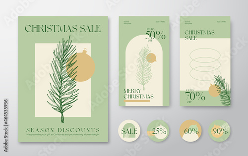 Christmas Advertising Trendy Editable Templates Set. Pine Branch, Bauble, Typography for Social Networks Stories Highlights and Posts Backgrounds. Boho Social Media Holiday Greeting Cards or Banners