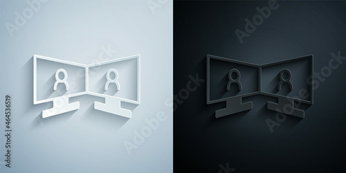 Paper cut Video chat conference icon isolated on grey and black background. Online meeting work form home. Remote project management. Paper art style. Vector