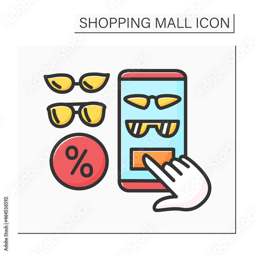 Accessorize color icon. Sunglasses on discount. Online ordering trendy summer accessories. Shopping mall concept. Isolated vector illustration