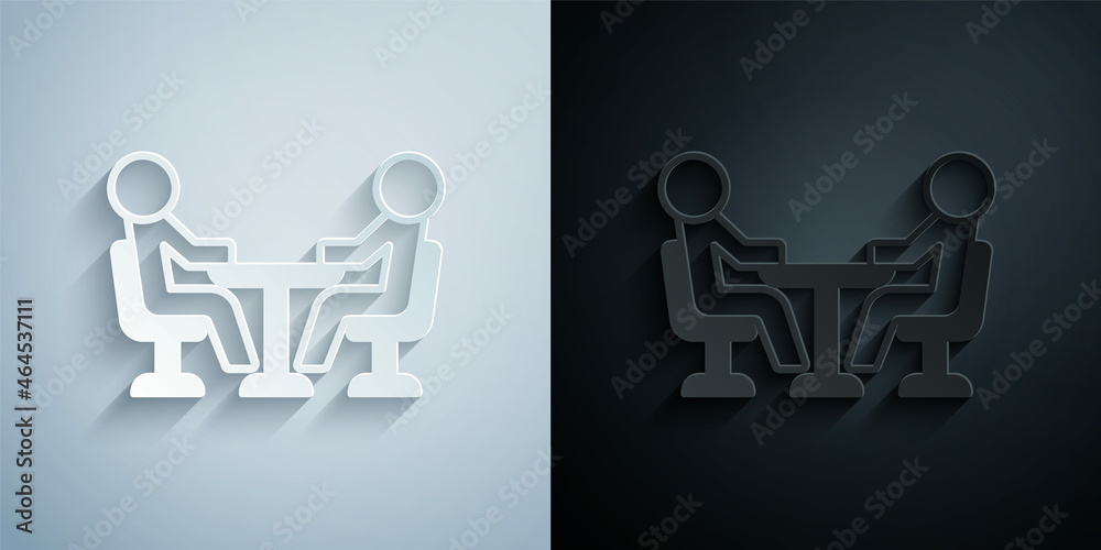 Paper cut Meeting icon isolated on grey and black background. Business team meeting, discussion concept, analysis, content strategy. Presentation conference. Paper art style. Vector Paper cut Meeting icon isolated on grey and black background. Business team meeting, discussion concept, analysis, content strategy. Presentation conference. Paper art style. Vector