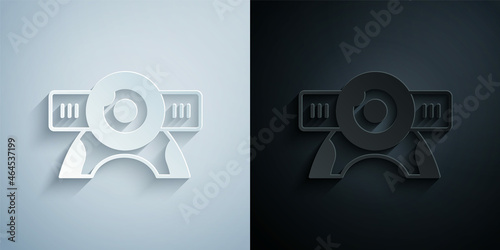 Paper cut Web camera icon isolated on grey and black background. Chat camera. Webcam icon. Paper art style. Vector