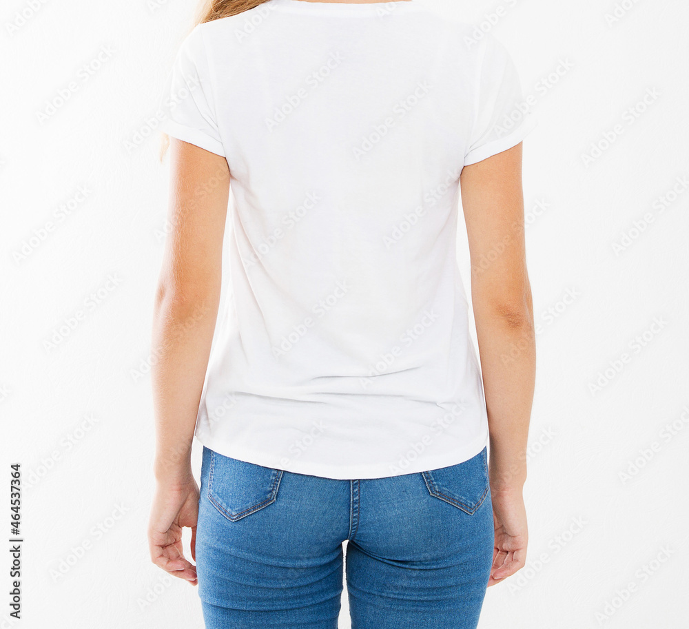 back view pretty girl in blank white t-shirt. t shirt design and people concept. Shirts front view isolated on white background, mock up, copy space back view pretty girl in blank white t-shirt. t shirt design and people concept. Shirts front view isolated on white background, mock up, copy space