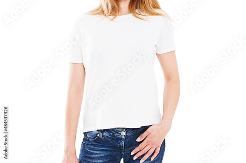 woman in white t-shirt isolated - girl in stylish t shirt close up