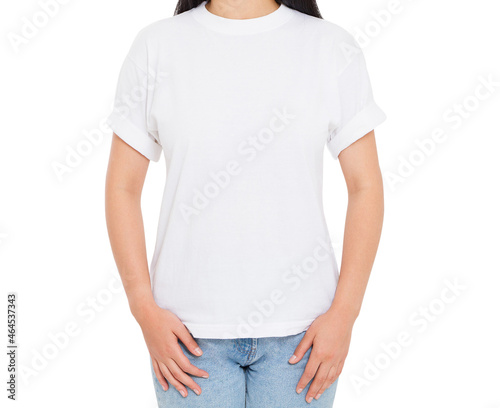 asian girl in white empty t shirt isolated on white background - woman tshirt mockup