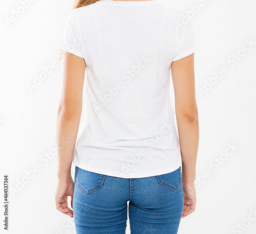 back view pretty girl in blank white t-shirt. t shirt design and people concept. Shirts front view isolated on white background, mock up, copy space