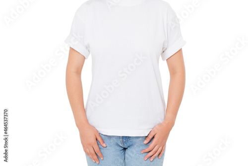 asian woman in white t-shirt isolated - girl in stylish t shirt close up