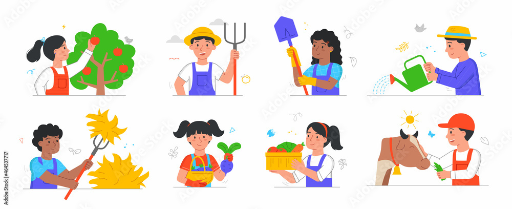 Children work on farm set. Boys and girls harvest, feed cow, clean leaves, water plants and hold tools. Small characters do housework. Cartoon flat vector collection isolated on white background