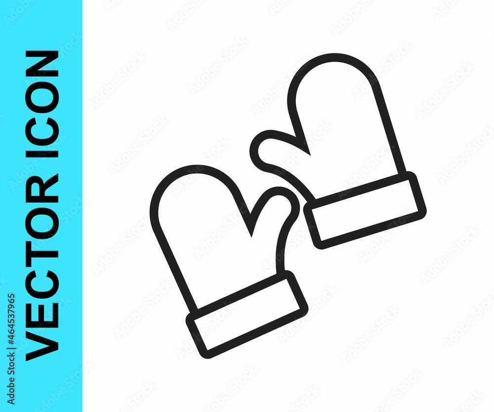 Black line Pair of knitted christmas mittens icon isolated on white background. Mitten icon. Merry Christmas and Happy New Year. Vector Black line Pair of knitted christmas mittens icon isolated on white background. Mitten icon. Merry Christmas and Happy New Year. Vector