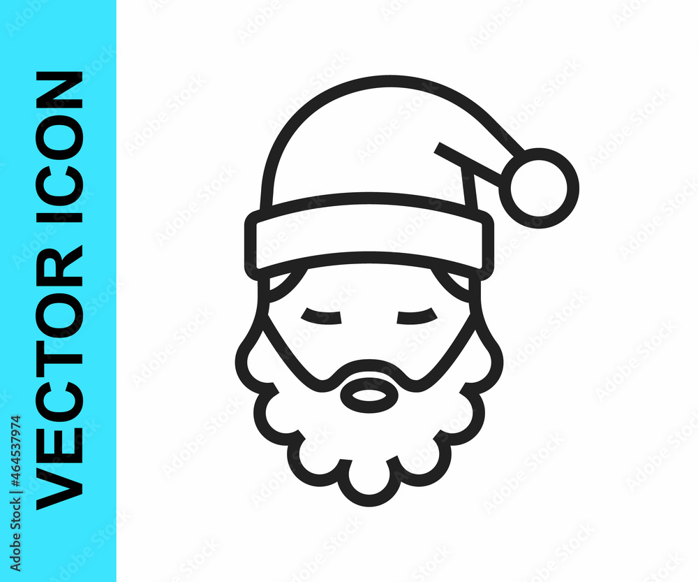 Black line Santa Claus hat and beard icon isolated on white background. Merry Christmas and Happy New Year. Vector
