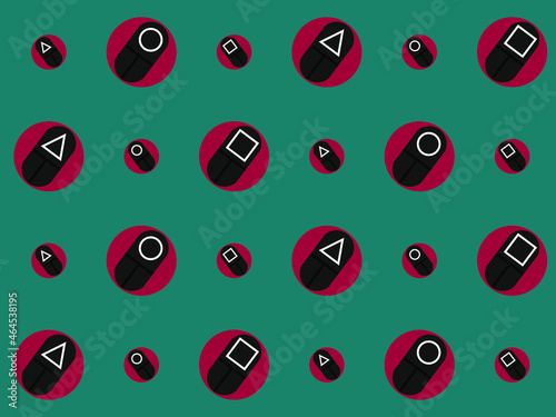 Seamless concept pattern for wrapping paper and design. Square, Round, Triangle in white, red and black colors on turquoise background. Vector flat illustration