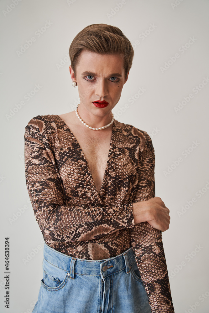 cross dressing men Photography Poster Proud transvestite man cross-dressing, isolated on beige background Gown Height:5.7 ft Modern Classic Square Neck No_Garage