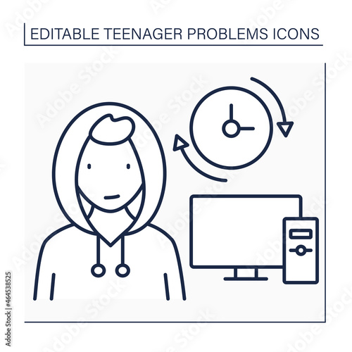 Teenage problem line icon.Spend a lot of time at computer. Avoid real life communication. Escape from reality. Addiction. Social issue concept. Isolated vector illustration. Editable stroke