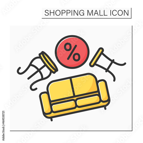 Furniture store color icon. Modern furniture for houses on discount. Sofa and chairs. Home decoration. Comfortable goods. Shopping mall concept. Isolated vector illustration