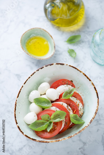 Bowl of italian traditional caprese salad over light-grey marble background, high angle view, studio shot