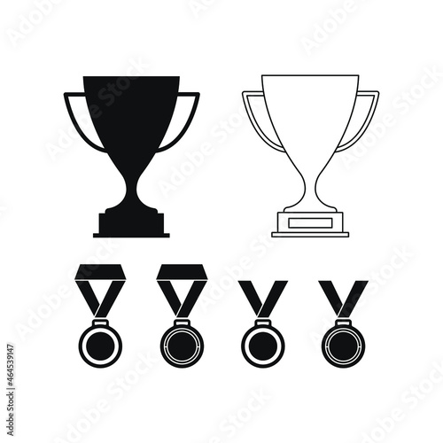 A set of award medals and cups. Prizes for winning the competition. Vector illustration, flat design, black outline, dark silhouette, isolated on white background, eps 10.